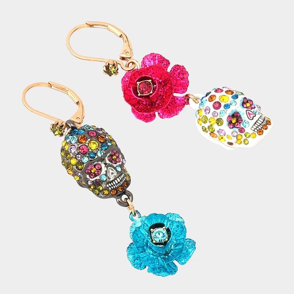 LAST ONE!! Betsey Johnson Colorful Skull and Flower Earrings - Picture 1 of 7
